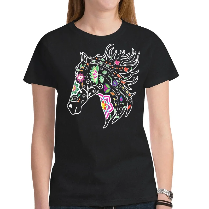 Horse Spirit Guide (Black) T-shirt for Women Mesh Blend Leather Blend Suede Blend