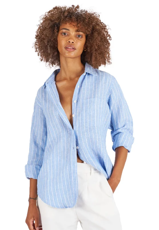 Iris Carolina Blue Stripes Classic Fit Linen Shirt Asymmetrical Pockets Print