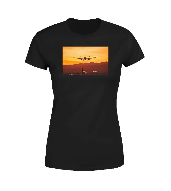 Landing Aircraft During Sunset Designed Women T-Shirts Graphic Embroidered Appliqued