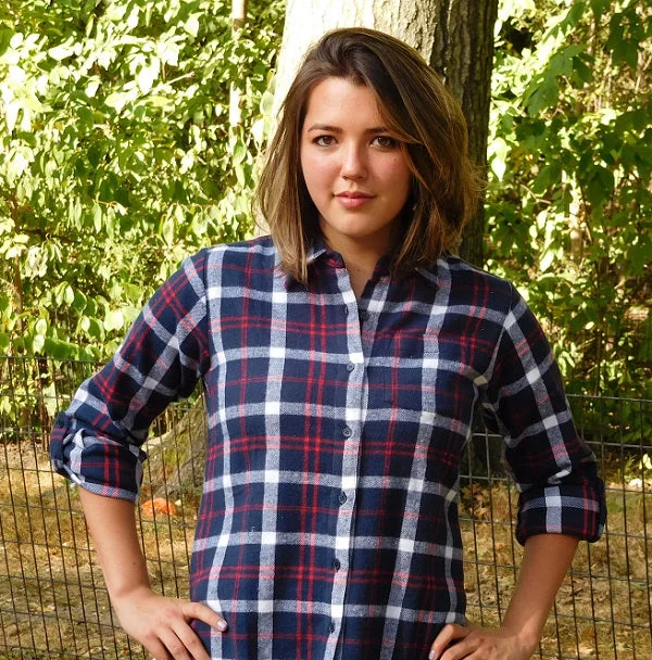 Ladies Long Sleeve, Roll Tab, Brushed Flannel Shirt. Navy plaid. Style# 9341 Thin T-Shirt Open Front Quick Dry
