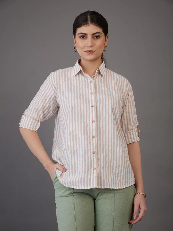 Lyush Women Brown Stripes Regular Fit Shirt Cozy Warm Stylish
