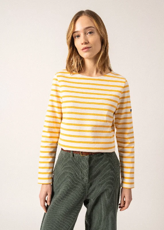 MERIDAME II - Authentic Breton Shirt | Heavyweight Cotton | Women Fit (IVORY / AMBER) Asymmetrical Pockets Print MERIDAME II - Authentic Breton Shirt | Heavyweight Cotton | Women Fit (IVORY / AMBER) Asymmetrical Pockets Print