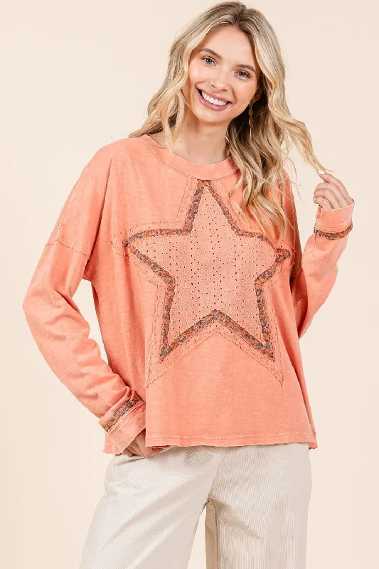 Mittoshop Mineral Wash Star Patch Long Sleeve T-Shirt Boxy Fit Fitted Loose