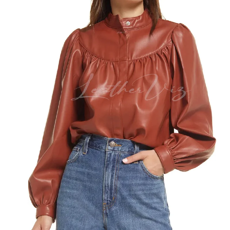 PUFF SLEEVES FAUX LEATHER SHIRT FOR WOMEN Spandex Blend Rayon Blend Denim Blend