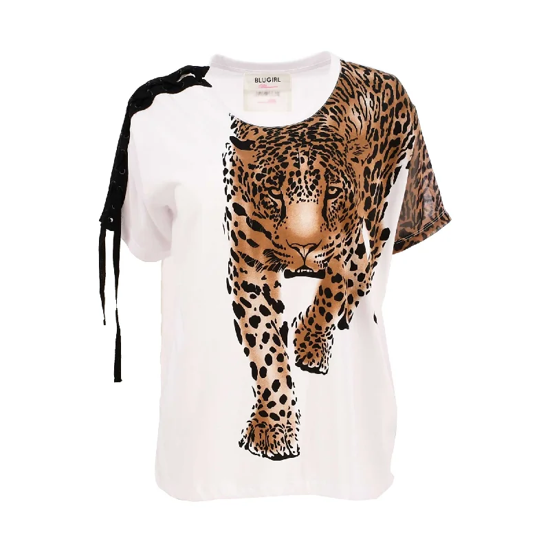 Blugirl Women's Tiger Print White T-Shirt Mesh Blend Leather Blend Suede Blend