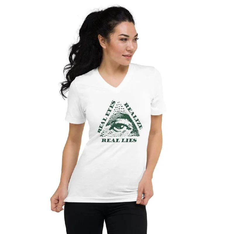 Real Eyes Realize Real Lies - All seeing eye - Unisex V-Neck T-Shirt Mesh Blend Leather Blend Suede Blend Real Eyes Realize Real Lies - All seeing eye - Unisex V-Neck T-Shirt Mesh Blend Leather Blend Suede Blend