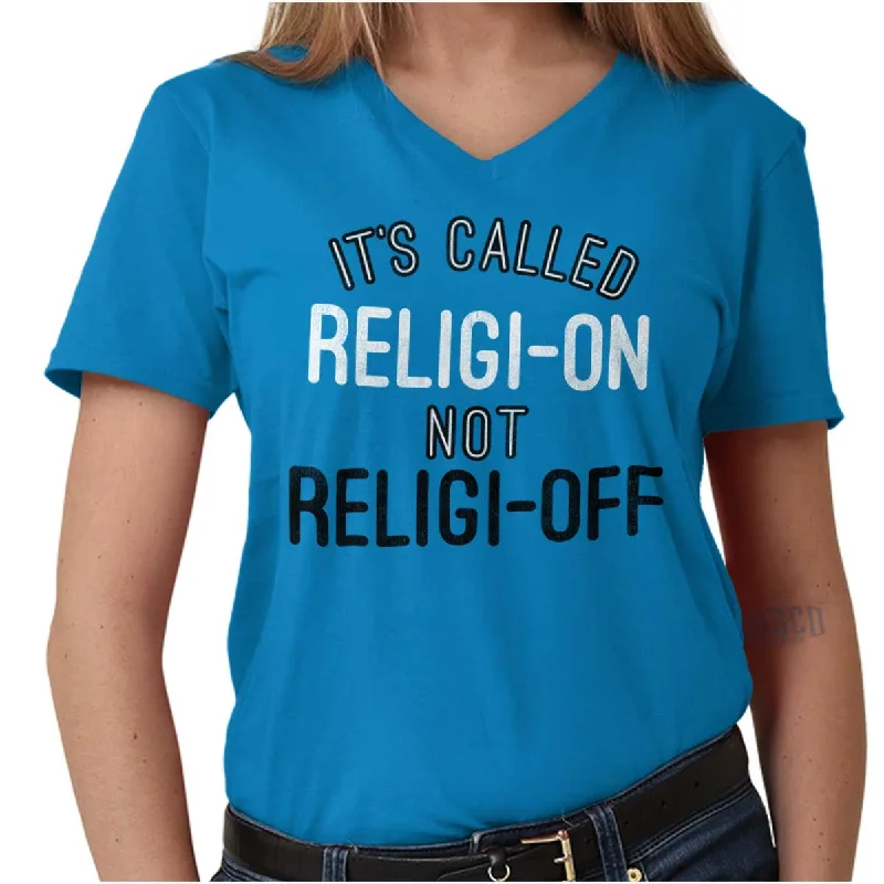 Religi-on Not Religi-off V-Neck T Shirt Lace Blend Ribbed Blend Corduroy Blend