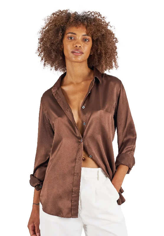 Satin-Silk Coffee Classic Fit Charmeuse Silk Shirt Mesh Canvas Denim