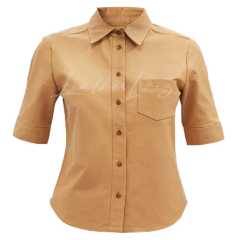 SHORT-SLEEVED WOMEN LEATHER SHIRT Zippered Front Buttoned Front Snap Front
