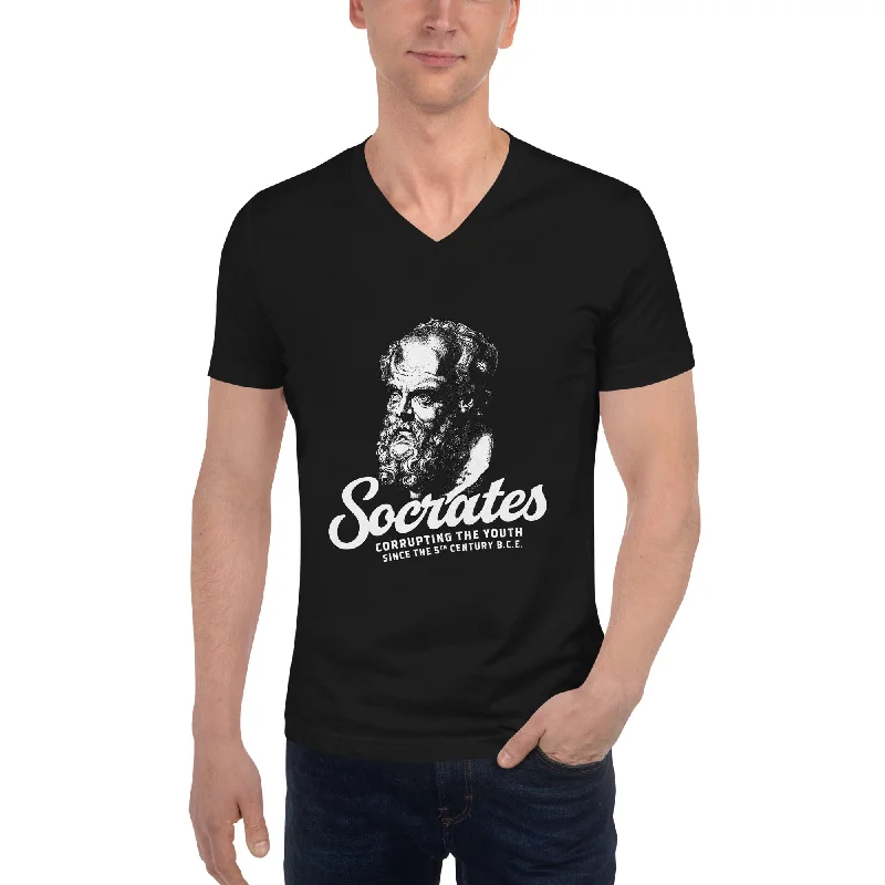 Socrates - Corrupting the youth - Unisex V-Neck T-Shirt Denim Fabric Leather Fabric Suede Fabric Socrates - Corrupting the youth - Unisex V-Neck T-Shirt Denim Fabric Leather Fabric Suede Fabric