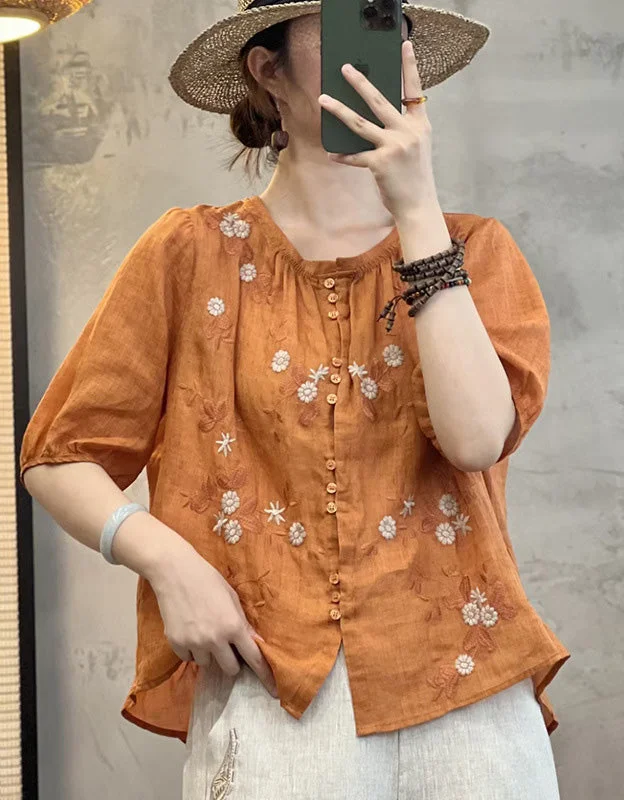 Summer Ramie Round Neck Embroidery Shirt Notch Collar Peter Pan Collar Cowl Neck