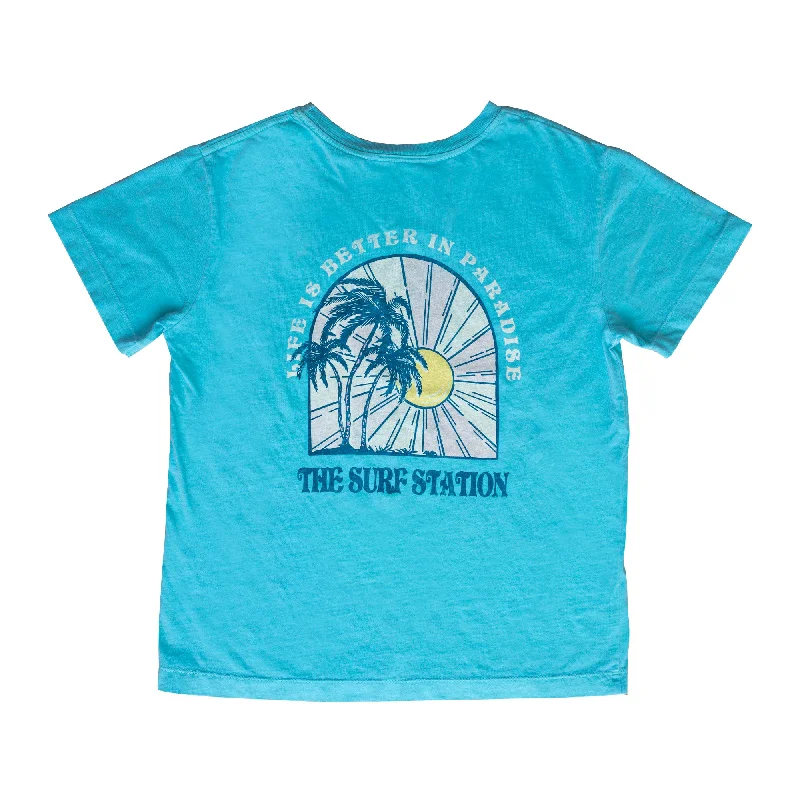Surf Station Life In Paradise Women's S/S T-Shirt - Aqua Elasticated Padded Insulated