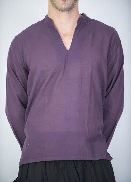 Unisex Long Sleeve Cotton Yoga Shirt with Nehru Collar in Dark Purple Striped Floral Plaid Unisex Long Sleeve Cotton Yoga Shirt with Nehru Collar in Dark Purple Striped Floral Plaid