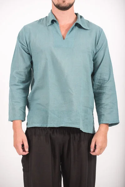 Unisex Long Sleeve Cotton Yoga Shirt with V Neck Collar in Aqua Cotton Fabric Linen Fabric Terry Fabric Unisex Long Sleeve Cotton Yoga Shirt with V Neck Collar in Aqua Cotton Fabric Linen Fabric Terry Fabric