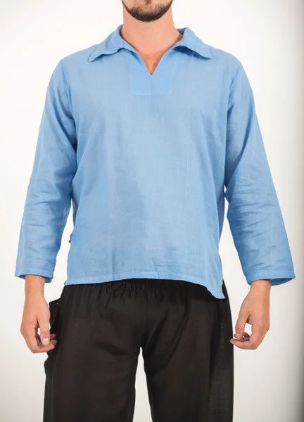 Unisex Long Sleeve Cotton Yoga Shirt with V Neck Collar in Blue Rayon Velvet Corduroy Unisex Long Sleeve Cotton Yoga Shirt with V Neck Collar in Blue Rayon Velvet Corduroy