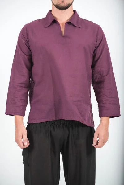 Unisex Long Sleeve Cotton Yoga Shirt with V Neck Collar in Dark Purple Elegant Classic Vintage Unisex Long Sleeve Cotton Yoga Shirt with V Neck Collar in Dark Purple Elegant Classic Vintage