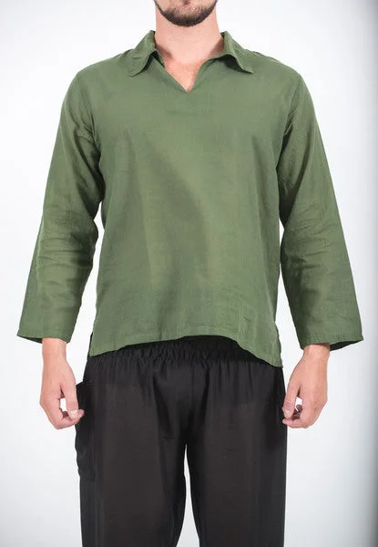 Unisex Long Sleeve Cotton Yoga Shirt with V Neck Collar in Olive Denim Fabric Leather Fabric Suede Fabric Unisex Long Sleeve Cotton Yoga Shirt with V Neck Collar in Olive Denim Fabric Leather Fabric Suede Fabric