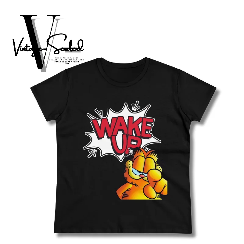 Vintage-Sealed GARFIELD "WAKE UP" Apparel T-Shirts Short Sleeves| Brand New Women's Fashion Mesh Canvas Denim Vintage-Sealed GARFIELD "WAKE UP" Apparel T-Shirts Short Sleeves| Brand New Women's Fashion Mesh Canvas Denim