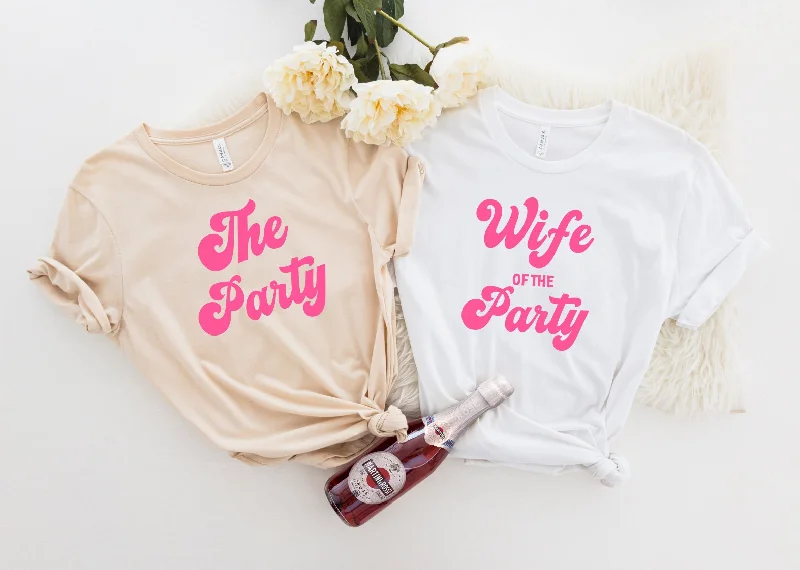 Wife of the party bachelorette party shirt tan Asymmetrical Pockets Print