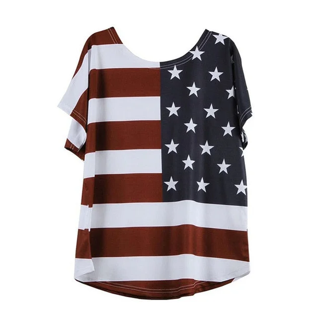Womens USA Flag Lightweight Loose T-Shirt With Overcast Stitching Knit Fabric Woven Fabric Fleece Fabric