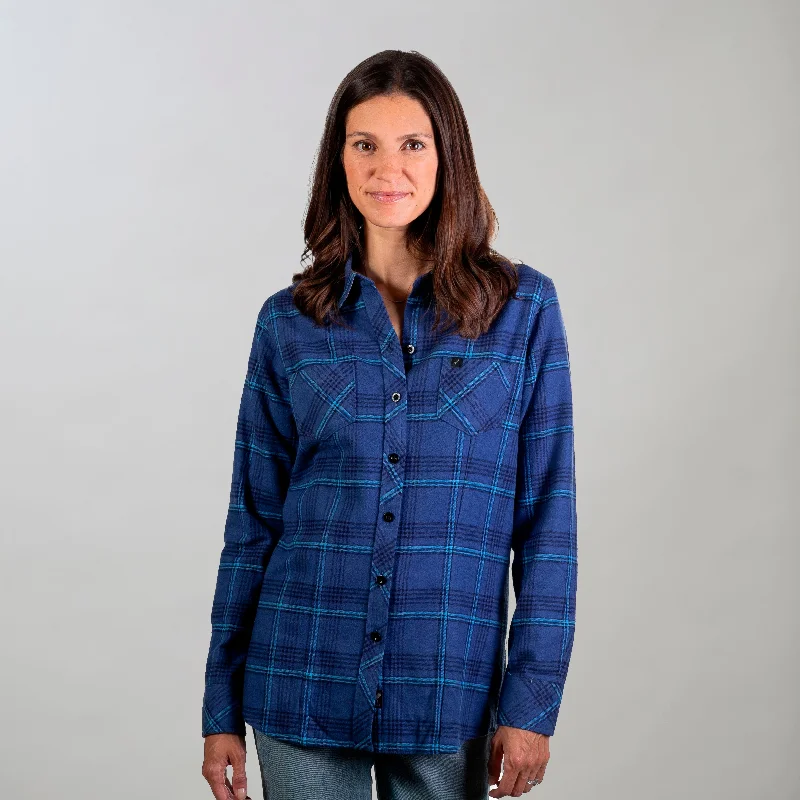Women's Every Day Flannel Shirt- Iris Blue Asymmetrical Pockets Print