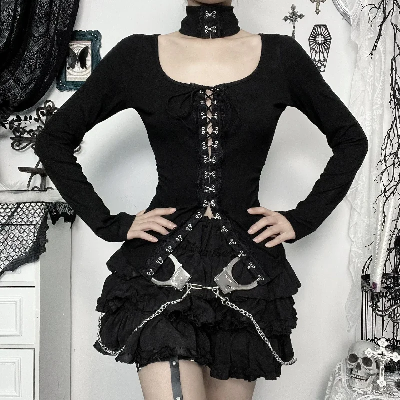 Women's Punk Eyelets Lace-up Long Sleeved Shirt Elegant Classic Vintage