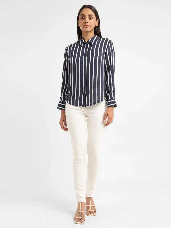 Women's Striped Shirt Collar Shirt Chenille Brocade Lace