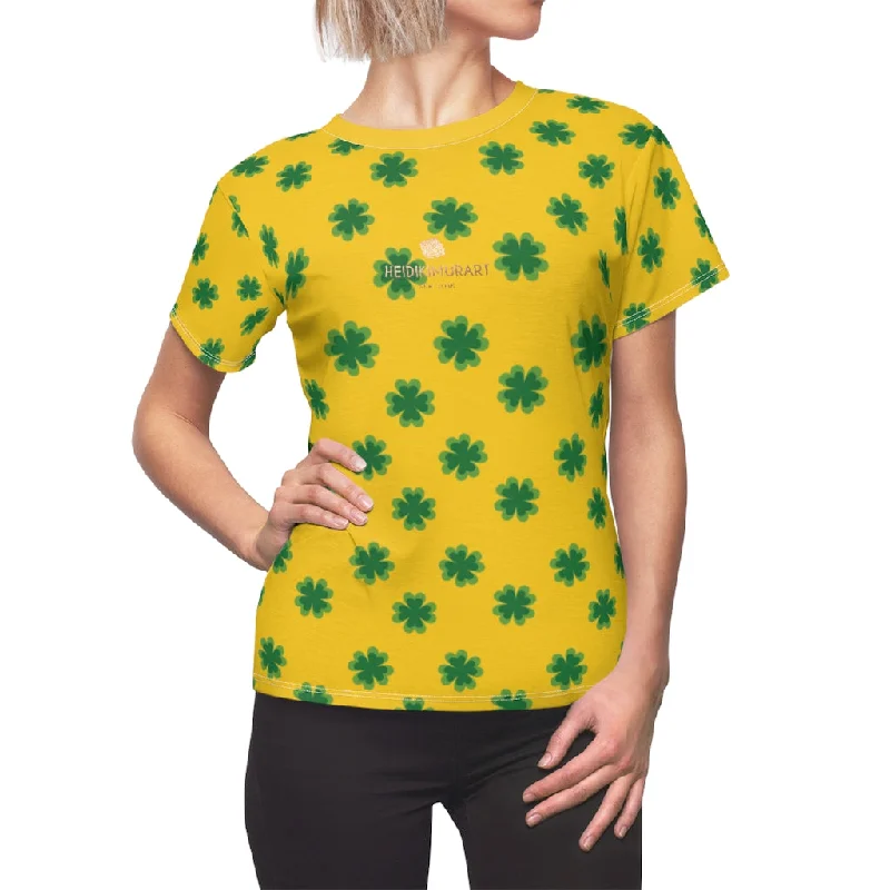 Yellow Green Clover Print St. Patrick's Day Women's Premium Crewneck Tee- Made in USA Boxy Fit Fitted Loose Yellow Green Clover Print St. Patrick's Day Women's Premium Crewneck Tee- Made in USA Boxy Fit Fitted Loose