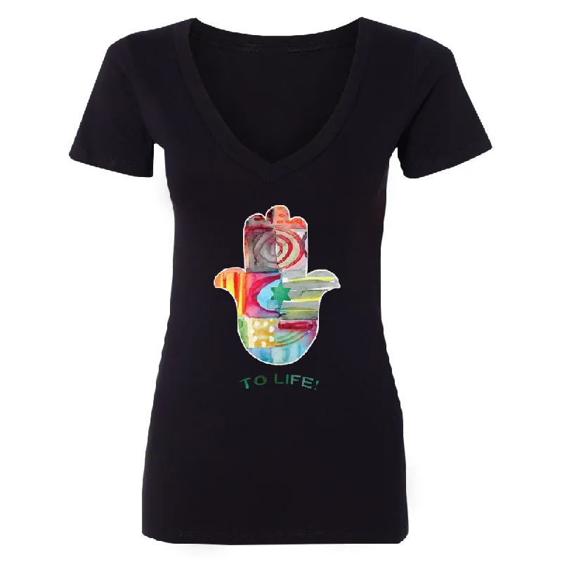 Zexpa Apparelâ„¢ To Life Hamsa Hand Colorful Women's Deep V-neck Hand of Fatima Evil Eye Tee Polka Dot Checkered Tartan Zexpa Apparelâ„¢ To Life Hamsa Hand Colorful Women's Deep V-neck Hand of Fatima Evil Eye Tee Polka Dot Checkered Tartan