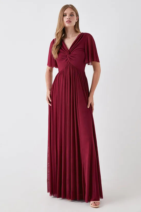 Angel Sleeve Stretch Mesh Full Skirted Bridesmaids Maxi Dress Elegant Maxi Dress with Belt
