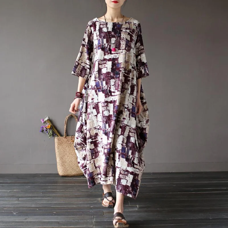 Art Inspired Cotton and Linen Maxi Dress Trendy Floral Print Maxi Dress