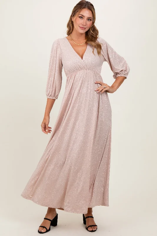 Beige Glitter V-Neck Maxi Dress Comfortable Satin Maxi Dress