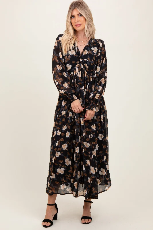 Black Floral Chiffon Twist Front Wrap Maxi Dress Trendy Short Sleeve Maxi Dress