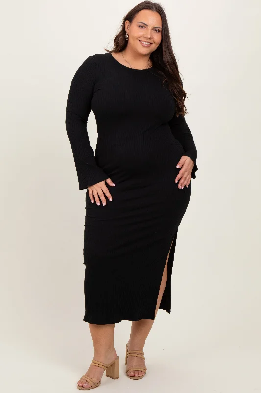 Black Ribbed Side Slit Plus Maxi Dress Comfortable Plunging Neckline Maxi Dress