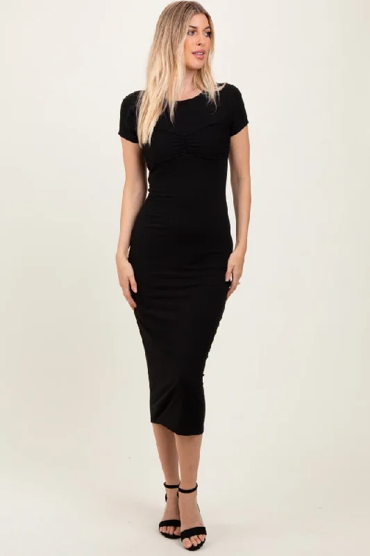 Black Ruched Bust Short Sleeve Maxi Dress Stylish Off-Shoulder Maxi Dress