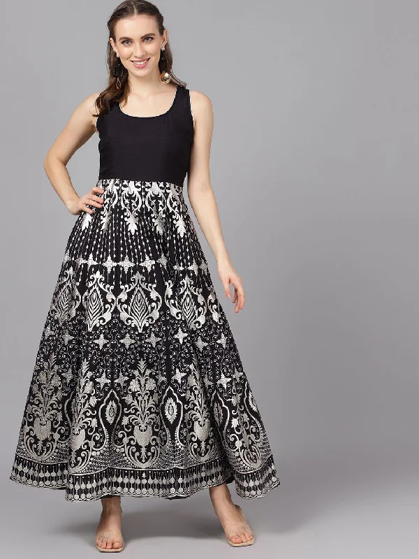 Black & Silver Flared Silk Maxi Dress Comfortable Pleated Maxi Dress