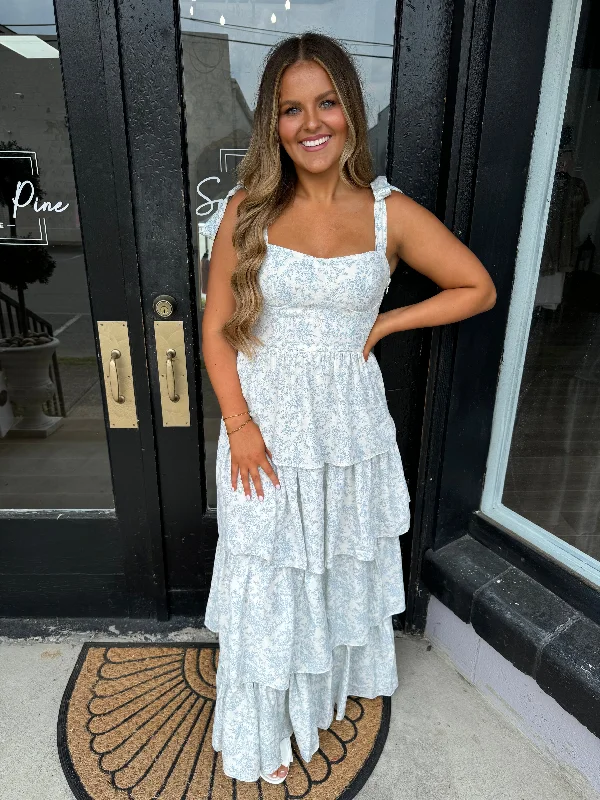 Blue floral tiered maxi dress Elegant Floral Maxi Dress