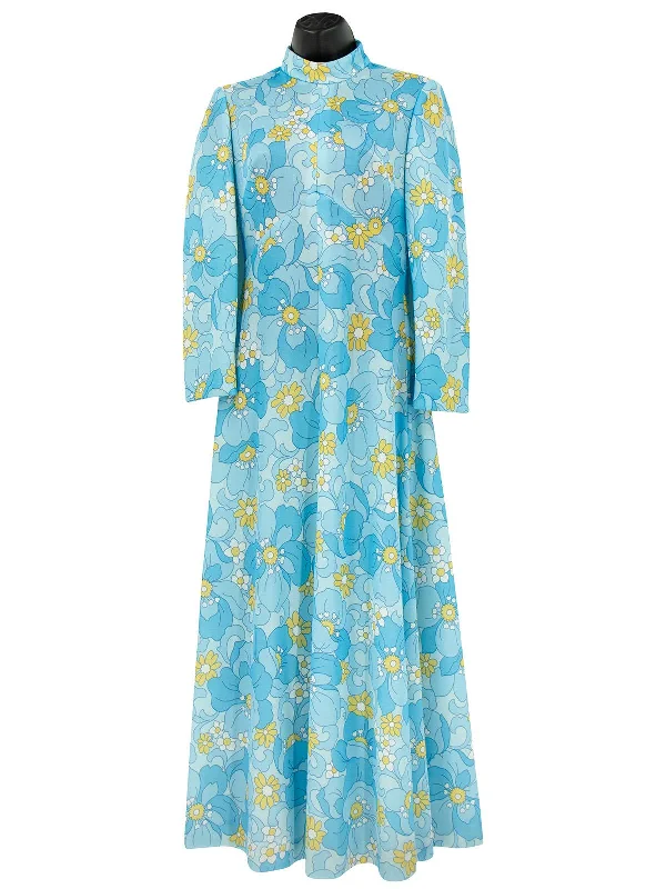 Blue Floral Vintage 1970s Maxi Dress Elegant Lace-Up Maxi Dress