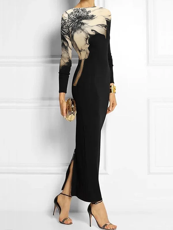 Bodycon Long Sleeves Floral Printed Boat Neck Maxi Dresses Cozy Knitted Maxi Dress