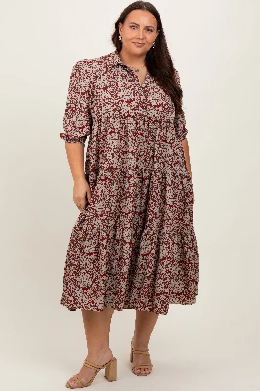 Burgundy Floral Collared Tiered Plus Maxi Dress Fashionable Printed Maxi Dress