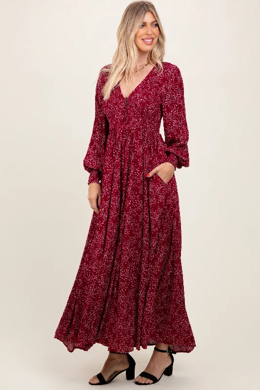 Burgundy Floral Smocked Button Detail Maxi Dress Comfortable Fit-and-Flare Maxi Dress