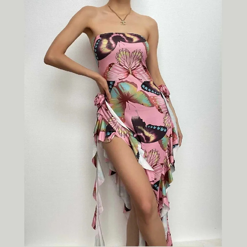 Butterfly print ruffle ribbon flower applique contrast backless maxi dress Cozy Ribbed Maxi Dress