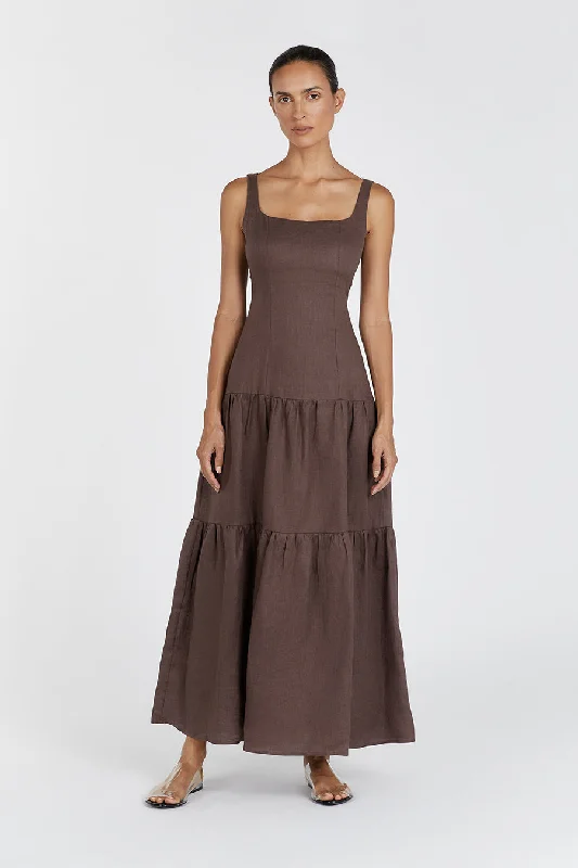 CAMILLE CHOCOLATE LINEN MAXI DRESS Elegant Maxi Dress with Drapes