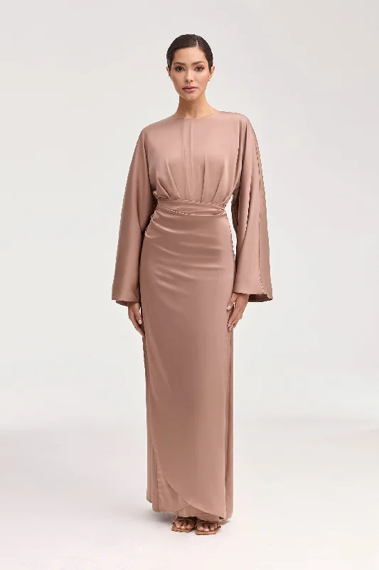 Cedra Satin Wrap Maxi Dress - Caffe Stylish Boho Maxi Dress