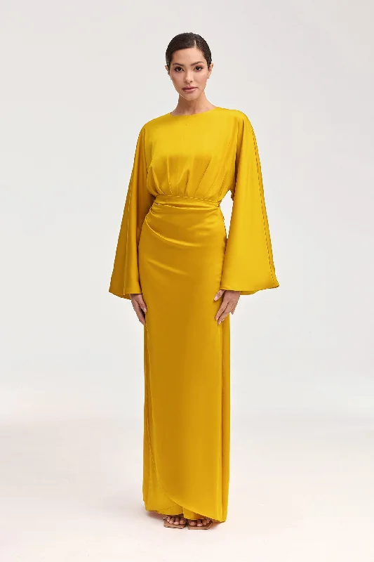 Cedra Satin Wrap Maxi Dress - Honey Elegant Floral Maxi Dress
