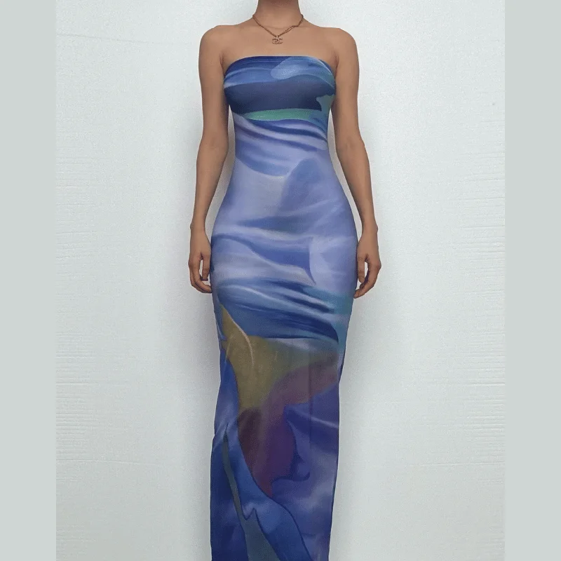 Contrast print backless sleeveless tube maxi dress Fashionable Chiffon Maxi Dress
