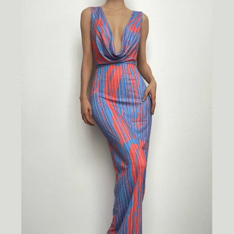 Contrast print cowl neck sleeveless backless maxi dress Fashionable Chiffon Maxi Dress Contrast print cowl neck sleeveless backless maxi dress Fashionable Chiffon Maxi Dress