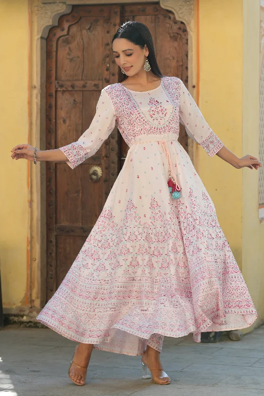 Jashvi Pink Ethnic Motif Printed Shantoon Flared Maxi dress With Beads & Sequins Work Cozy Longline Maxi Dress