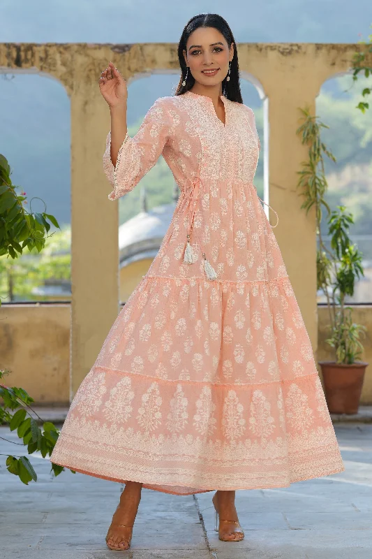 Jashvi Peach Ethnic Motif Printed Pure Cotton Tiered Maxi Dress With Sequins Work Fashionable Chiffon Maxi Dress