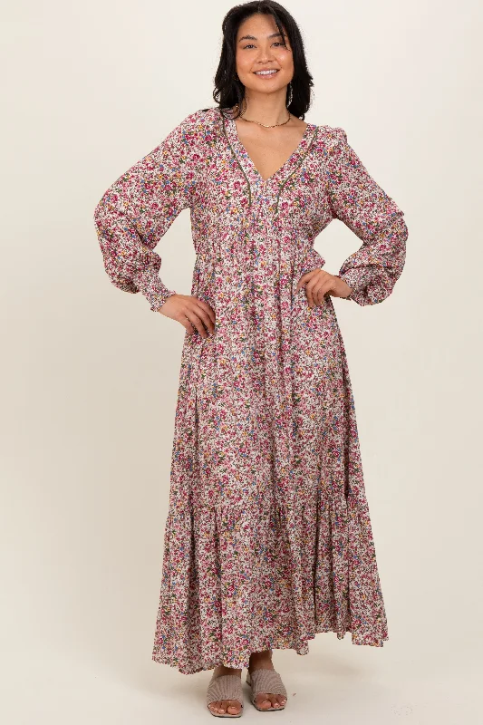 Cream Floral V-Neck Bubble Sleeve Maxi Dress Stylish Off-Shoulder Maxi Dress